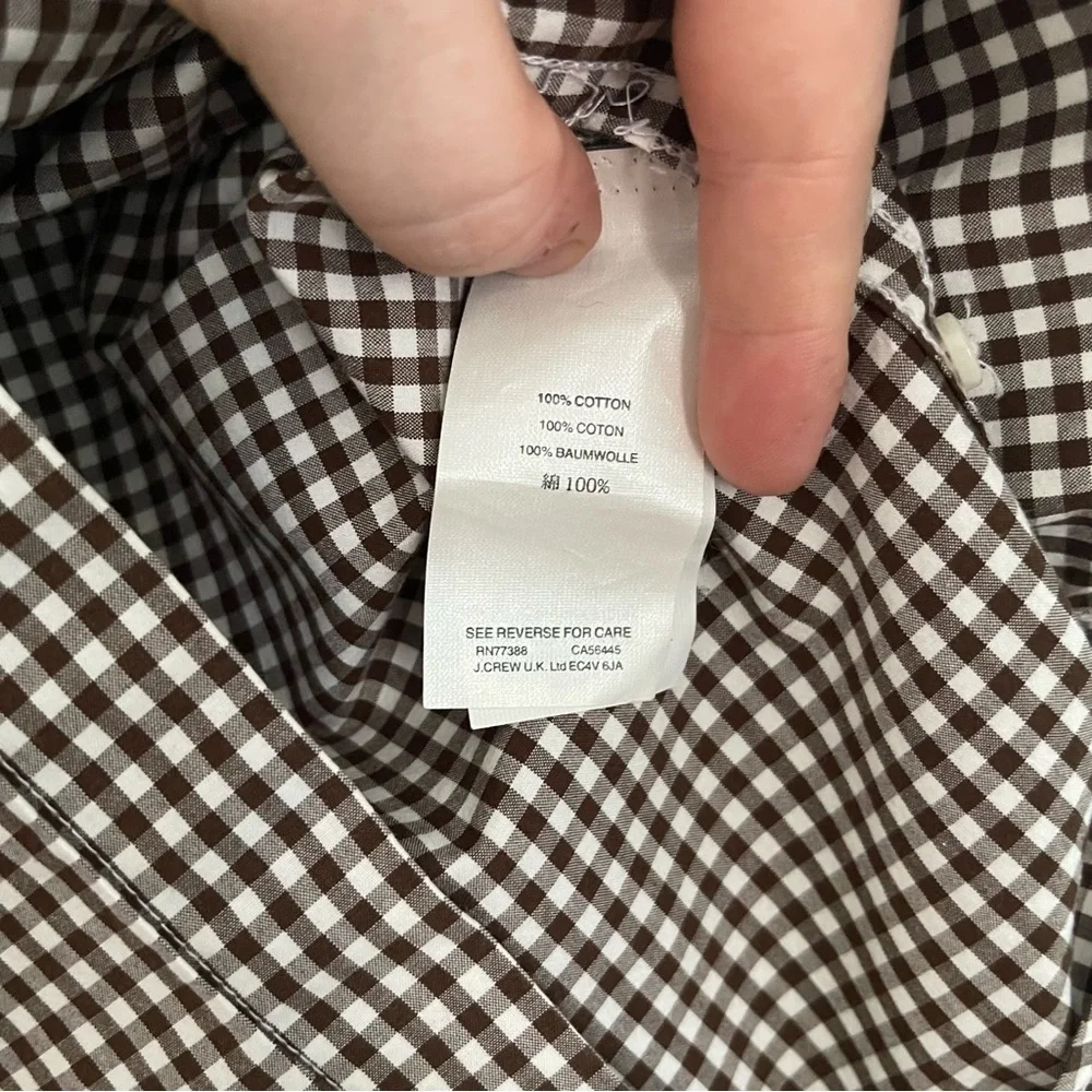 J Crew Shirt Button Down 100% Cotton Brown & White Gingham Slim Fit Size L